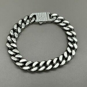 MAN-IQUE Mens Silver Cuban Link Crown CZ Bracelet 8"